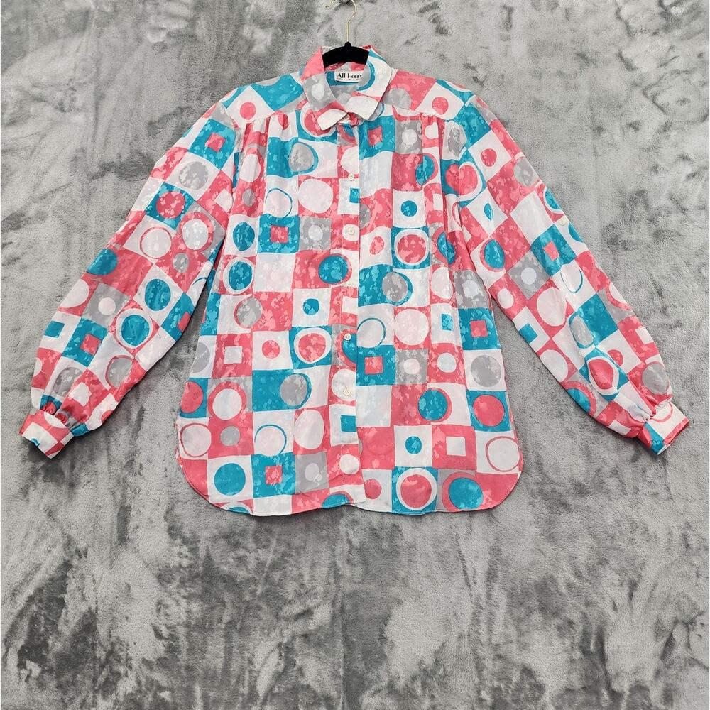 Vintage All Hours Top Womens M Pink Blue Geometric Silky Brocade Long Sleeve